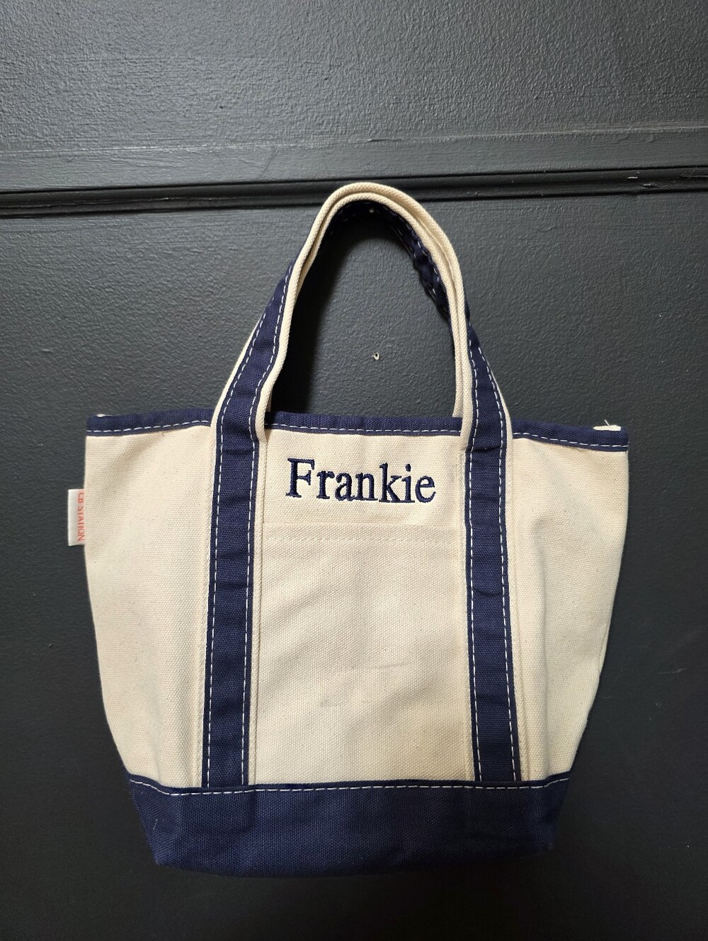 CB Station "Frankie" embroidery mini canvas boat tote navy blue trim 13x9.5x5